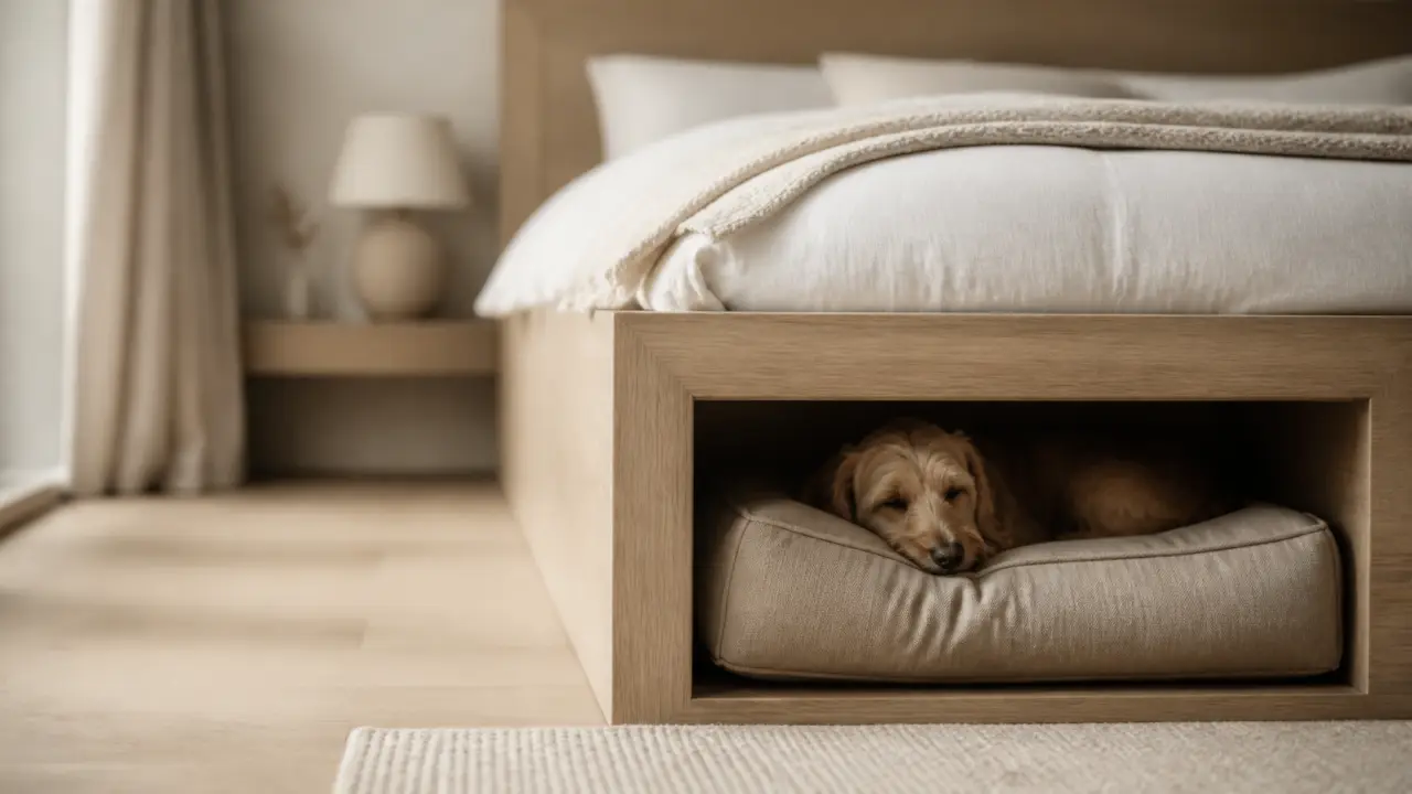 Lit avec niche pour chien intégré à la tête de lit près du lit