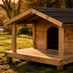 Niche chien avec terrasse en bois, toit sombre et abri