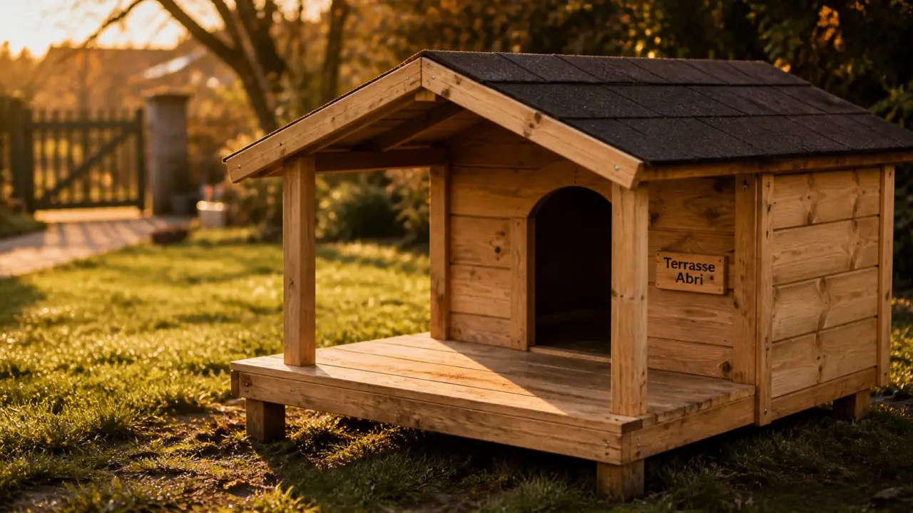Niche chien avec terrasse en bois, toit sombre et abri