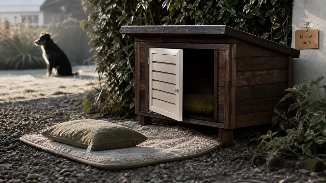 Niche pour chien en bois isolée, abri sécurisé dans un jardin