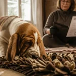 basset hound chiot fauve et blanc renifle un tapis de fouille, éleveuse LOF en arrière-plan