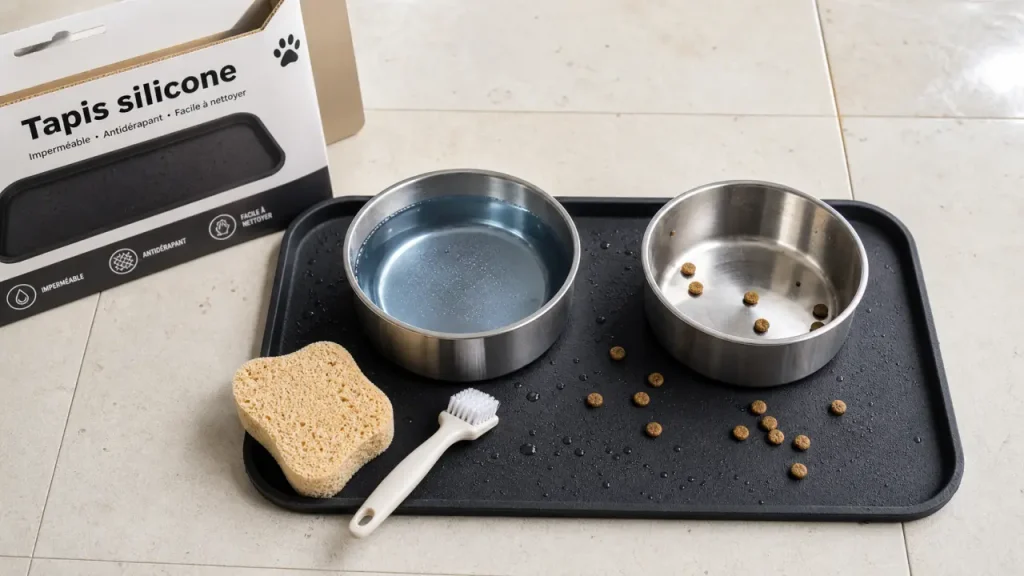 Tapis d’alimentation pour chien : silicone, bords relevés et format 48 x 30 cm à vérifier
