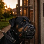 Un rottweiler noir en famille, muselière et laisse au crépuscule