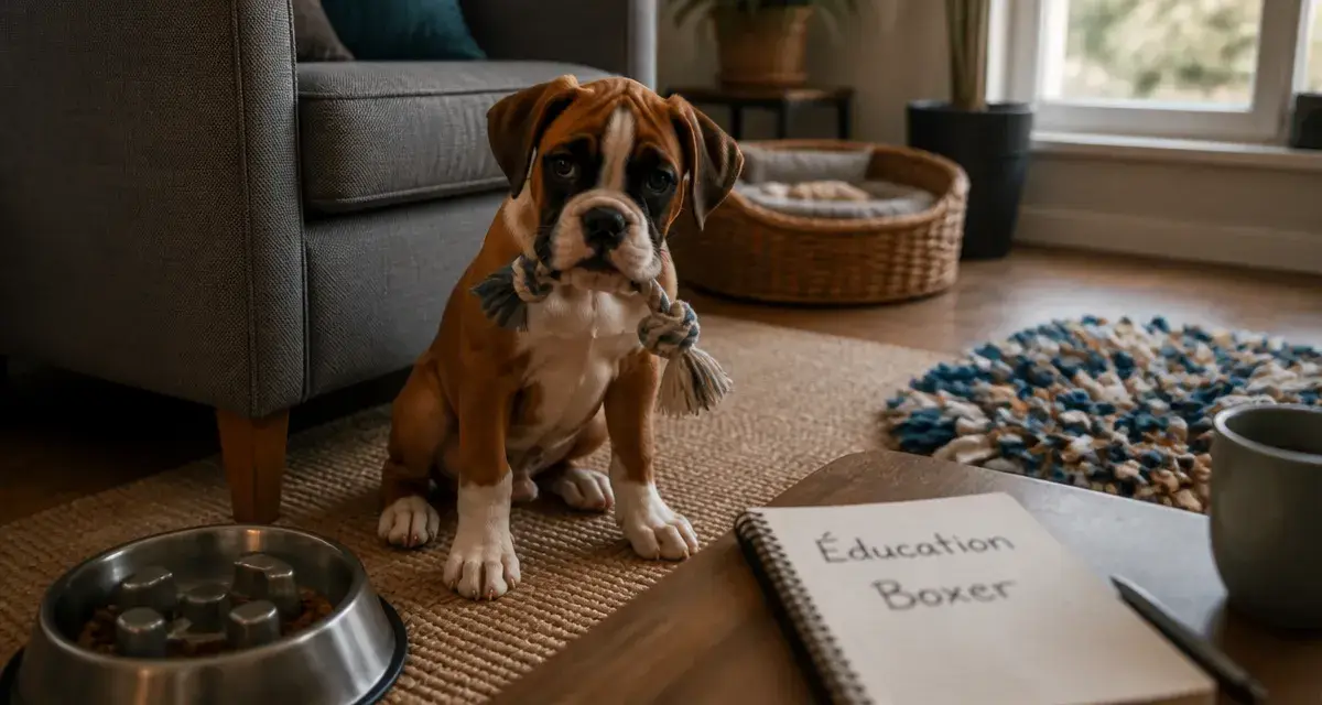 Chiot boxer jouet corde et éducation