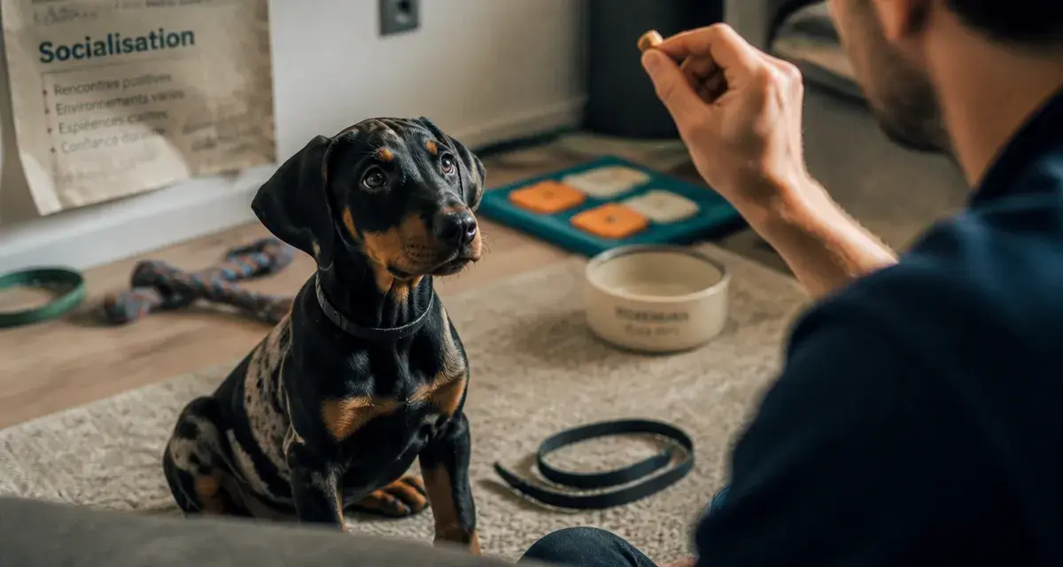Chiot dobermann observant son maître avec friandise, intérieur lumineux