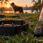Collier de rappel pour chien et télécommande dans un parc