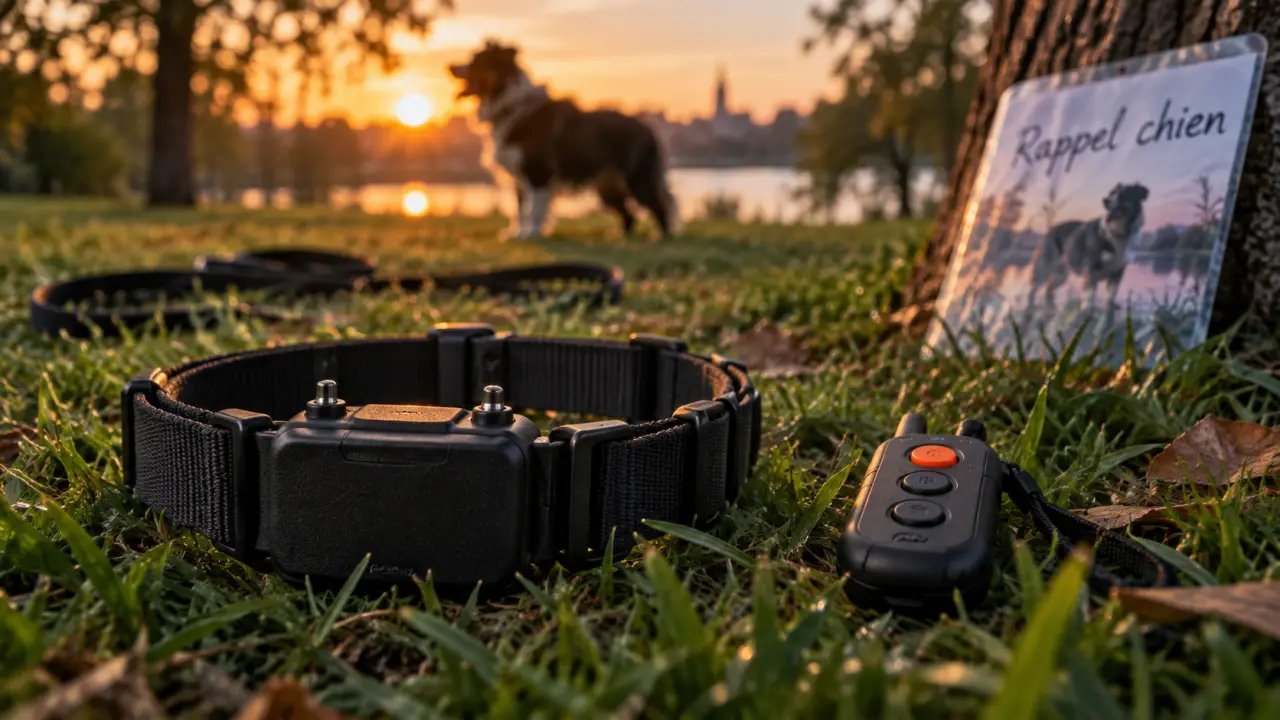 Collier de rappel pour chien et télécommande dans un parc