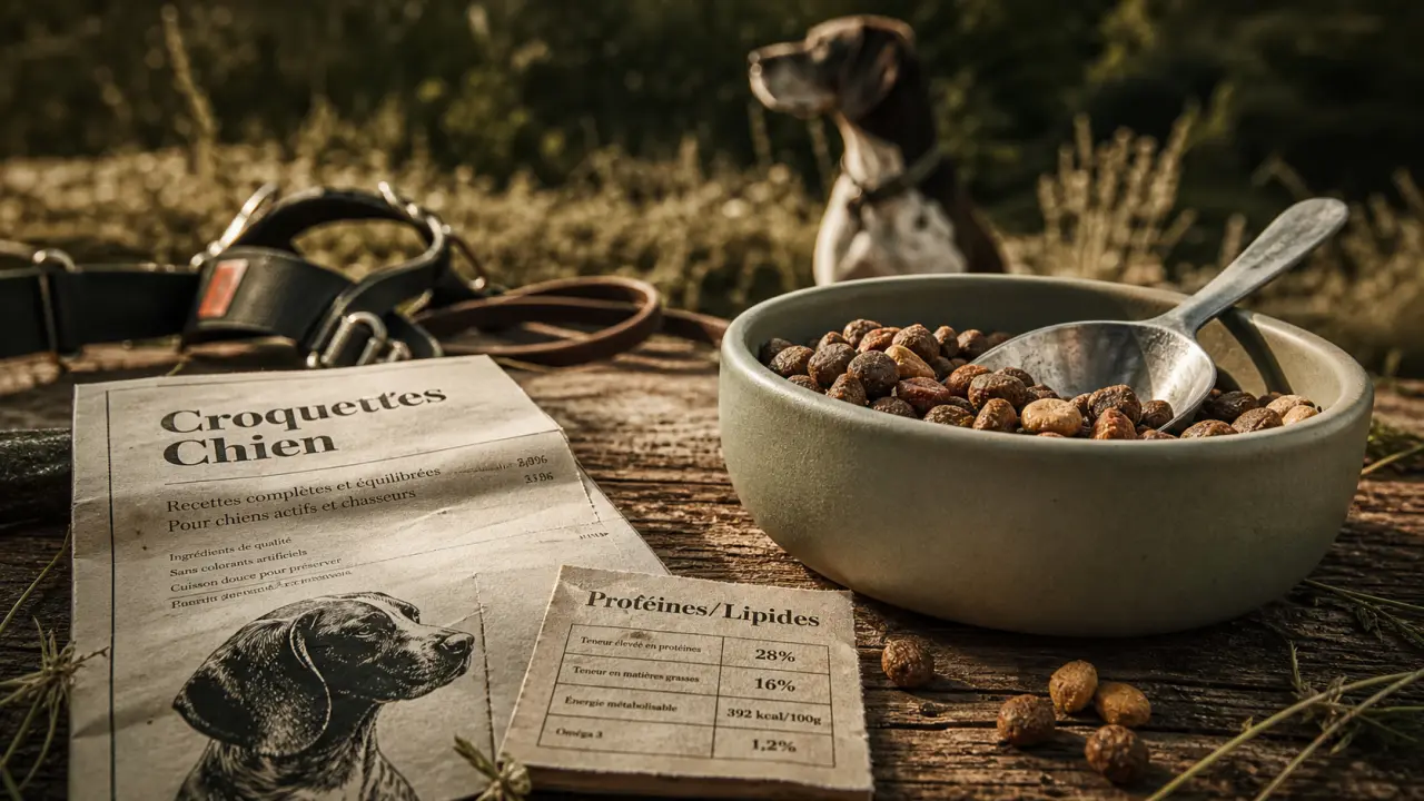 Croquettes pour chien de chasse : 28/16, 32/16 ou light, gamelle avec croquettes