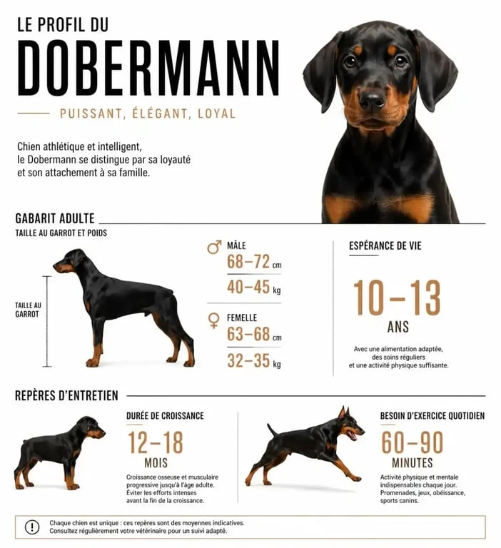 Infographie chiffres clés chiot dobermann : taille, poids et espérance de vie