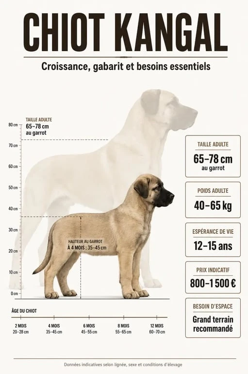 Chiot kangal en infographie éditoriale avec taille adulte, poids, prix et besoins clés