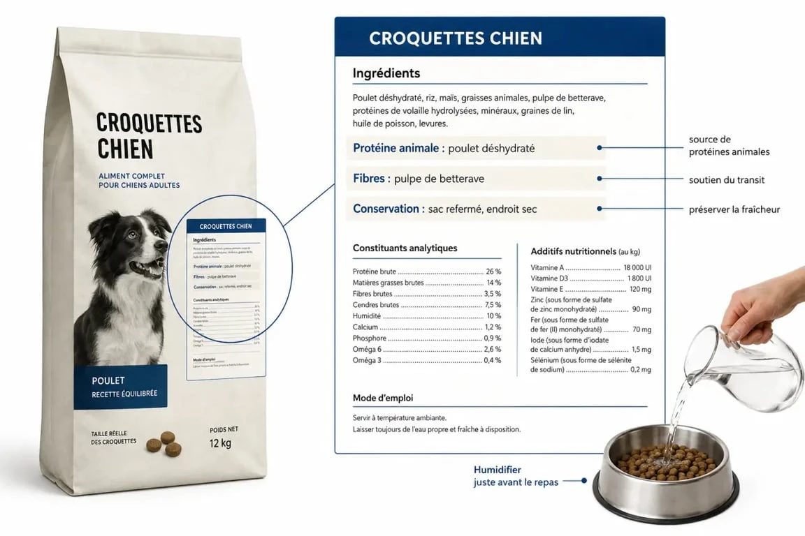 Lecture d’étiquette pour croquettes moelleuses chien