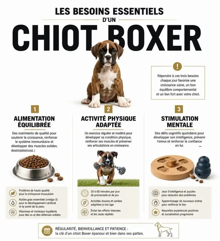 Infographie des besoins essentiels pour l'éducation et la santé d'un chiot Boxer