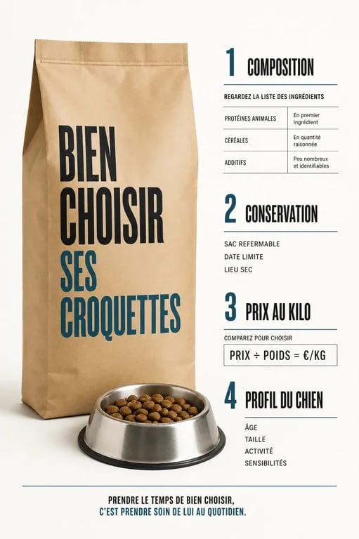 Croquettes chien Pedigree : repères pour comparer composition, conservation et prix au kilo avant achat