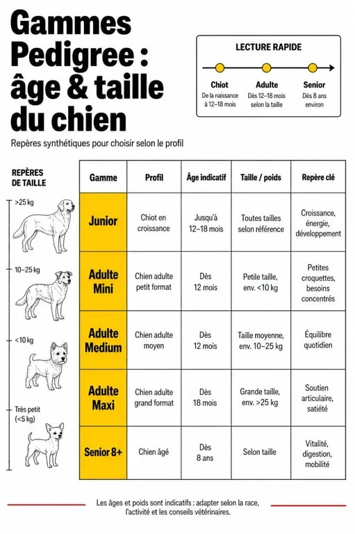 Croquettes chien Pedigree : comparaison des gammes Junior, Adulte et Senior selon la taille du chien