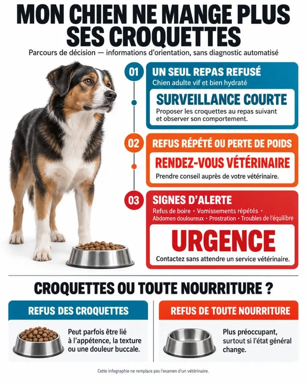 Infographie : mon chien ne mange plus ses croquettes, signes d’alerte et niveau d’urgence