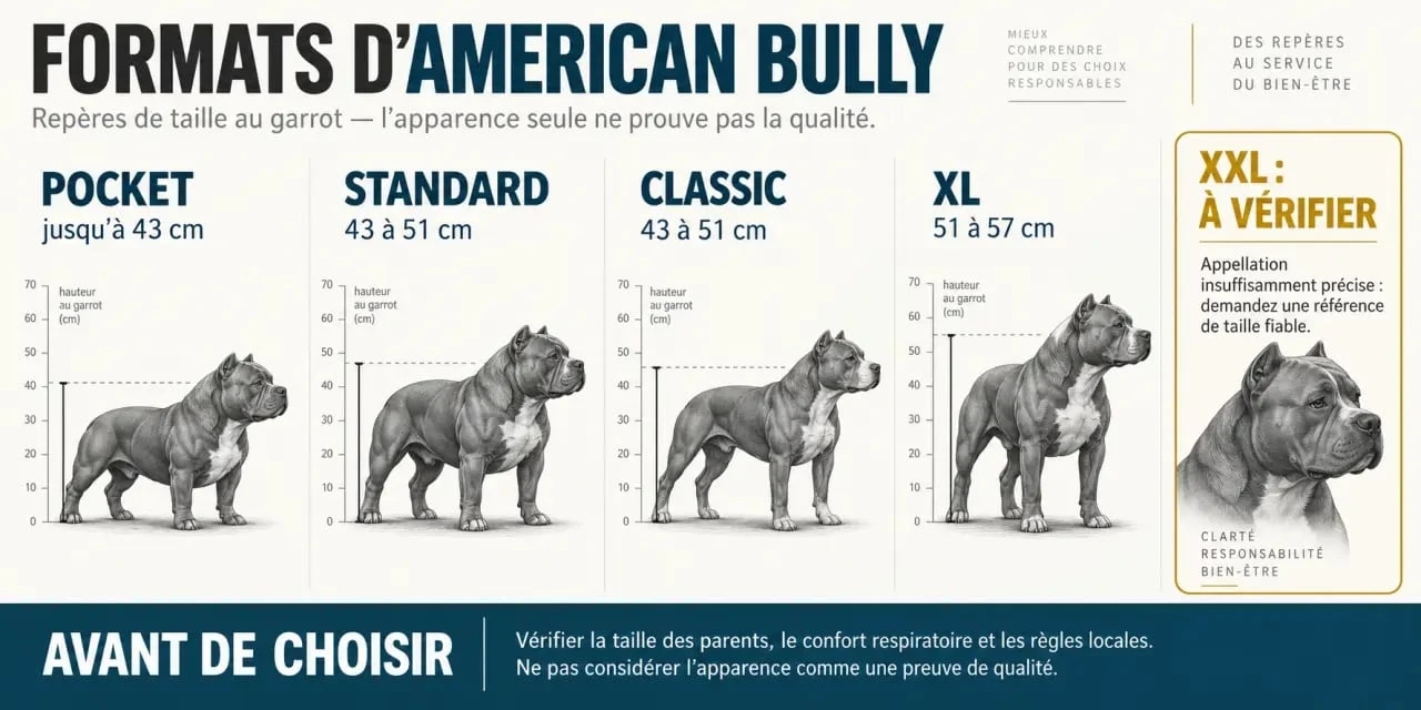 Bully chiot : comparaison visuelle des formats Pocket, Standard, Classic et XL