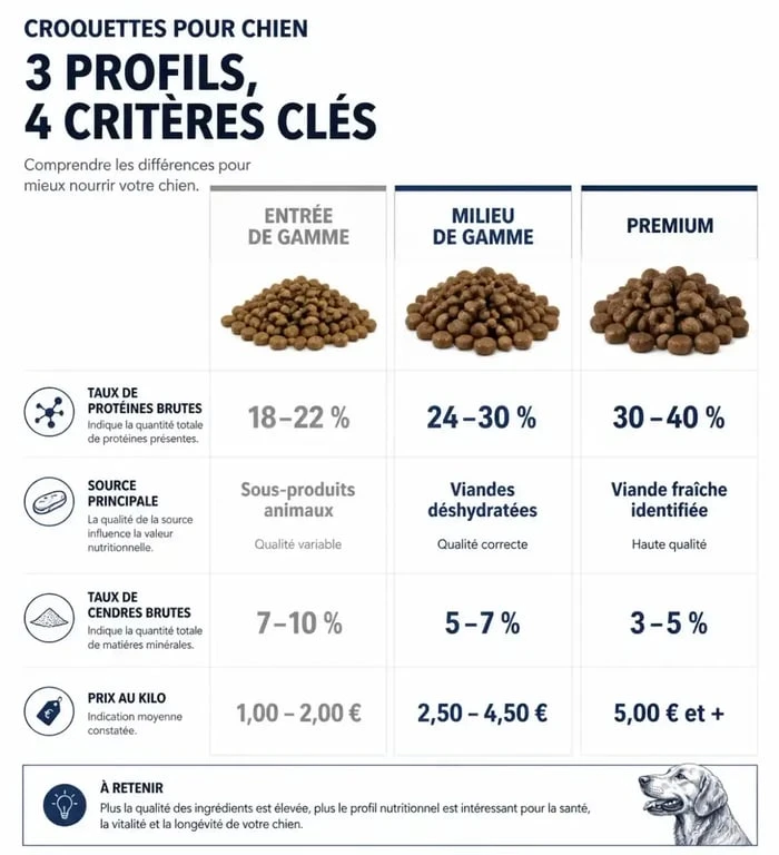 Tableau comparatif croquettes chien par gamme : protéines, cendres brutes et prix au kilo