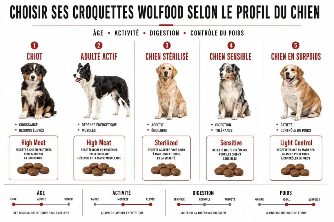 Wolfood croquettes chien : comparaison des recettes selon le profil du chien
