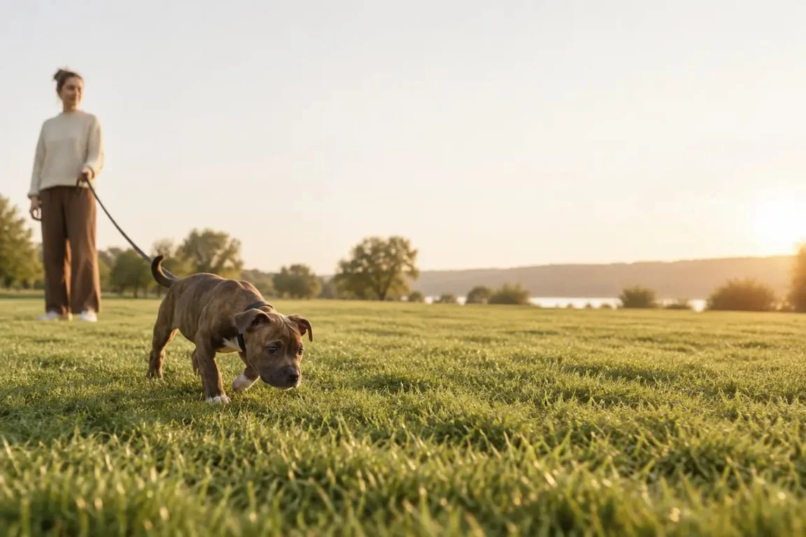 Socialisation d'un chiot staffy en extérieur avec son propriétaire