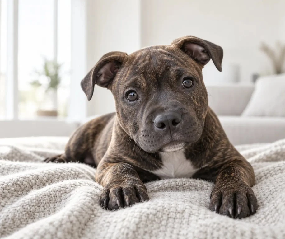 Chiot staffy au regard attentif dans un intérieur lumineux