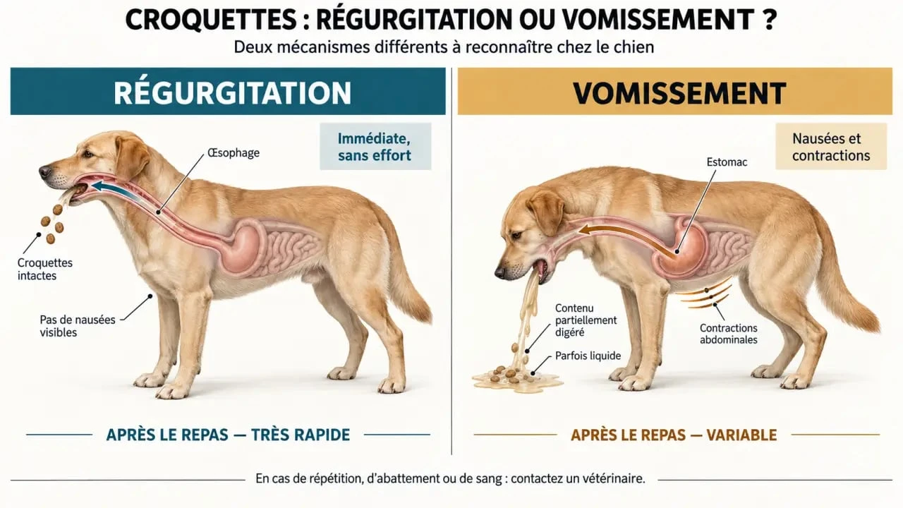 Mon chien vomit ses croquettes : différence visuelle entre régurgitation et vomissement