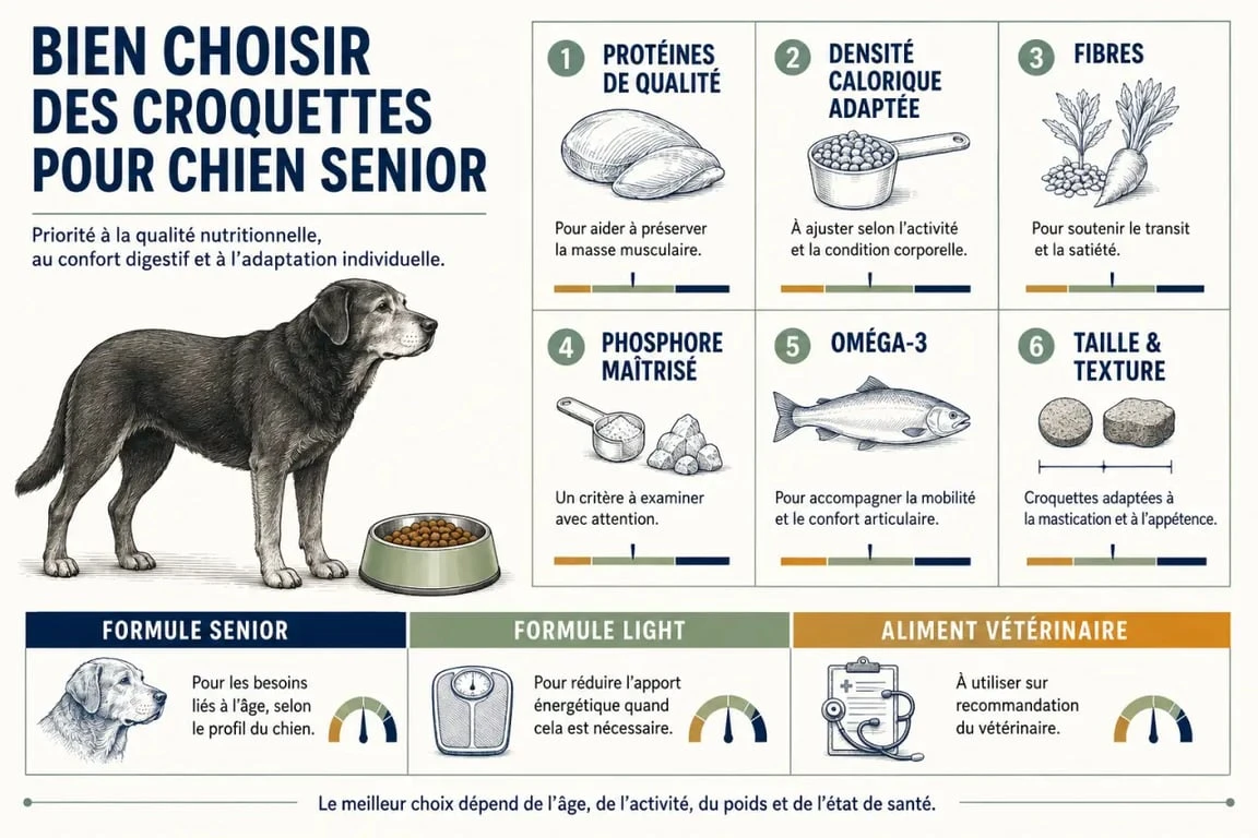 Infographie sur les critères de choix des croquettes chien senior