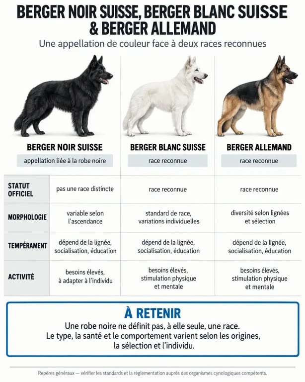 Infographie comparative du berger noir suisse, du Berger Blanc Suisse et du Berger Allemand