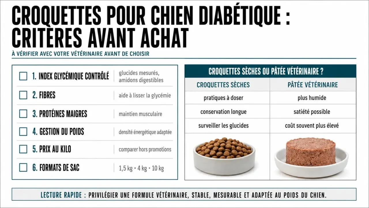 Croquettes pour chien diabétique : infographie des critères de choix, prix au kilo et comparaison croquettes sèches ou pâtée