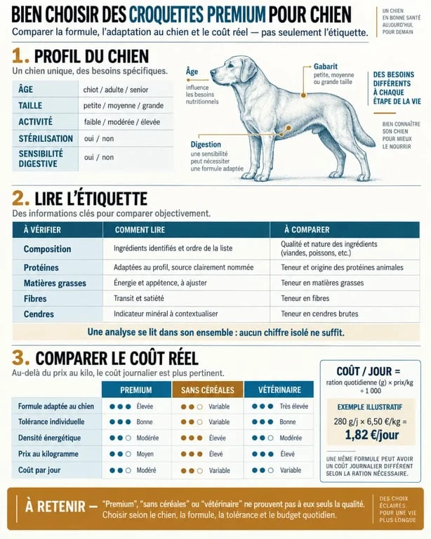 Infographie des critères pour choisir des croquettes chien premium