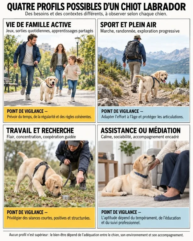 Infographie sur les profils d’un chiot Labrador selon la vie de famille, le sport, le travail ou l’assistance