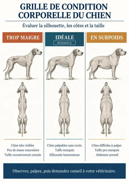 Grille de condition corporelle pour déterminer si la ration de croquettes par jour pour un chien est adaptée