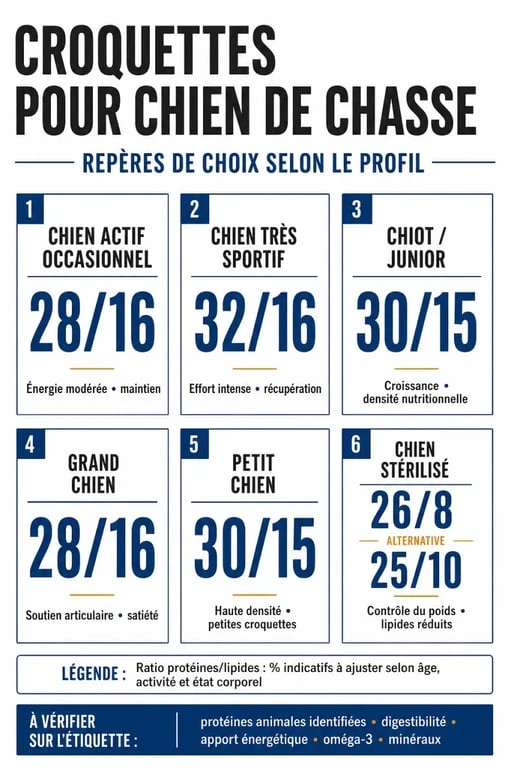 Infographie croquettes pour chien de chasse avec profils, ratios protéines/lipides et repères de choix