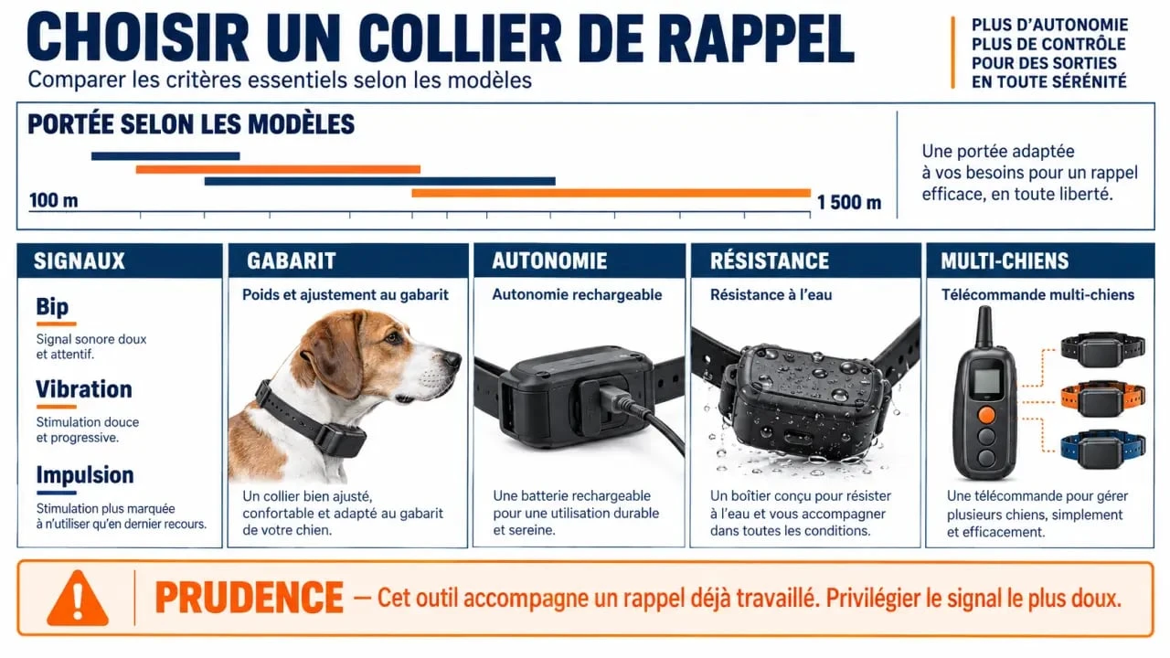 Comparatif visuel pour choisir un collier de rappel pour chien selon la portée, les signaux, le confort et l’autonomie