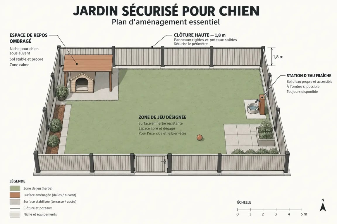 Schéma d'aménagement d'un jardin sécurisé pour chien avec clôture et zone d'ombre