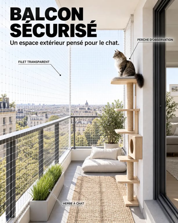 Aménagement d'un balcon sécurisé pour chat avec filet de protection et parcours en hauteur