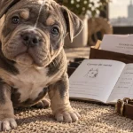 Chiot bully en famille, photo éditoriale avec carnet de santé
