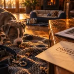 Photo chiot pitbull reniflant une friandise, harnais et documents d’adoption