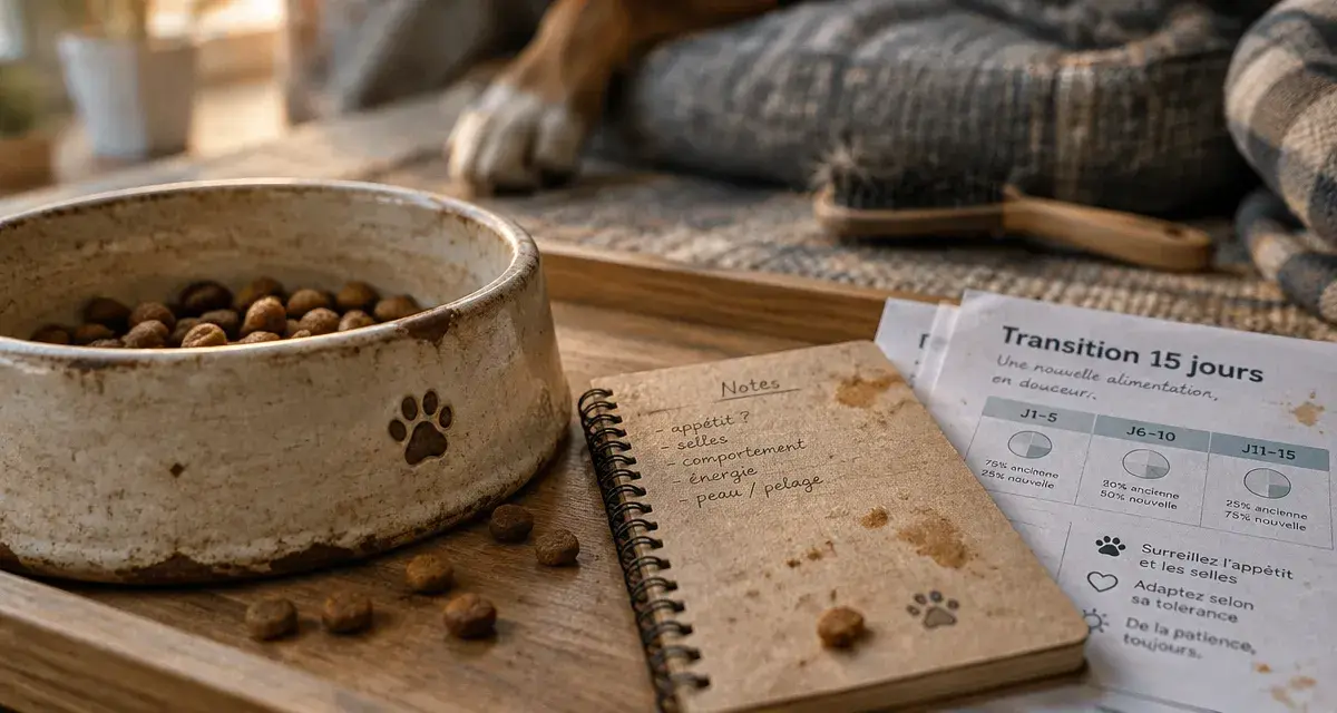Croquettes hypoallergéniques chien pour transition 15 jours, gamelle et croquettes