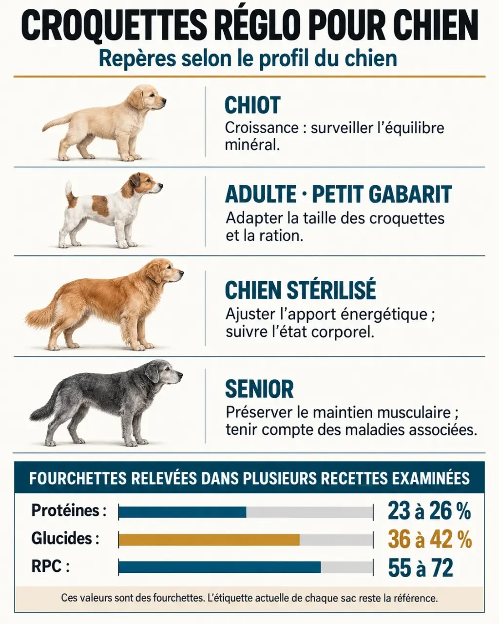 Infographie sur les croquettes Réglo chien : profils selon l’âge, besoins et principaux chiffres nutritionnels
