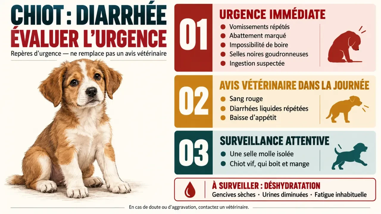 Infographie sur la diarrhée du chiot et les signes indiquant une urgence vétérinaire