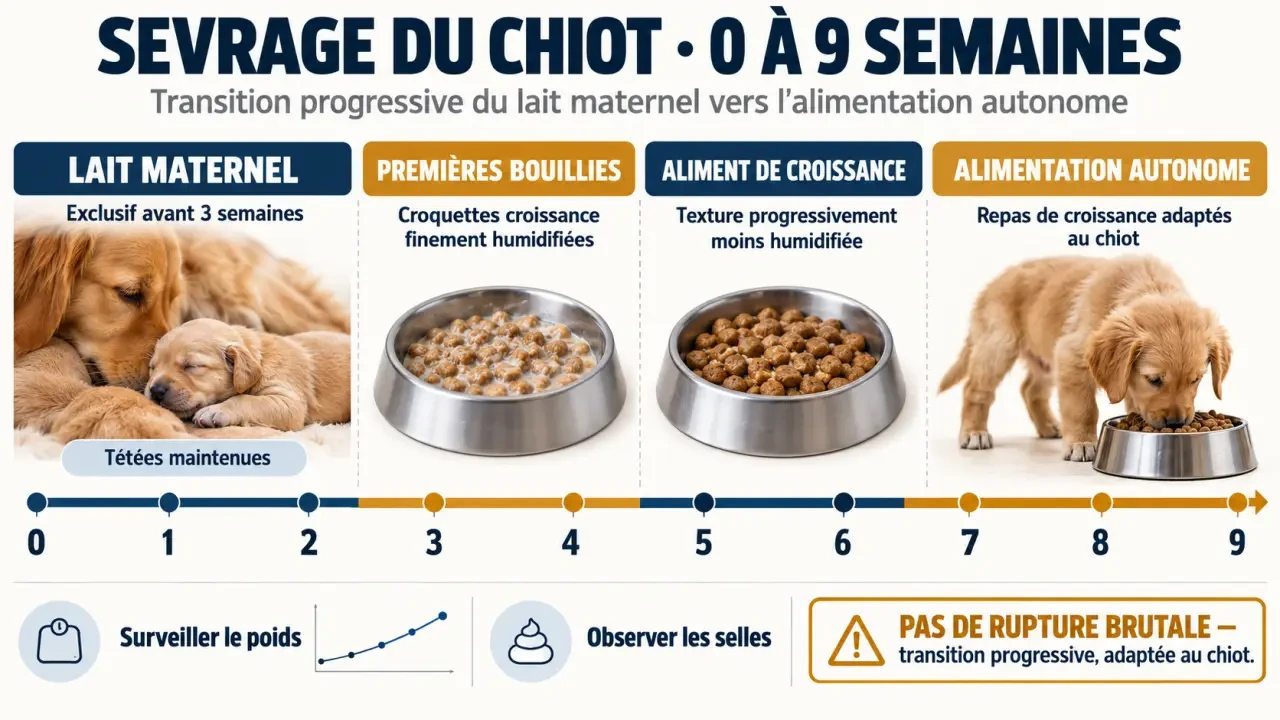 Frise chronologique pour comprendre comment sevré un chiot de 0 à 9 semaines
