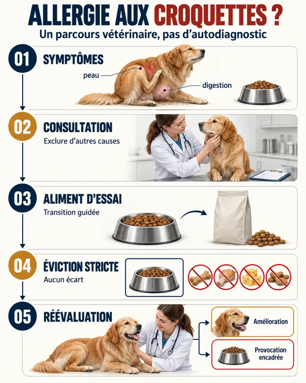 Parcours de prise en charge d’un chien allergique aux croquettes avec régime d’éviction