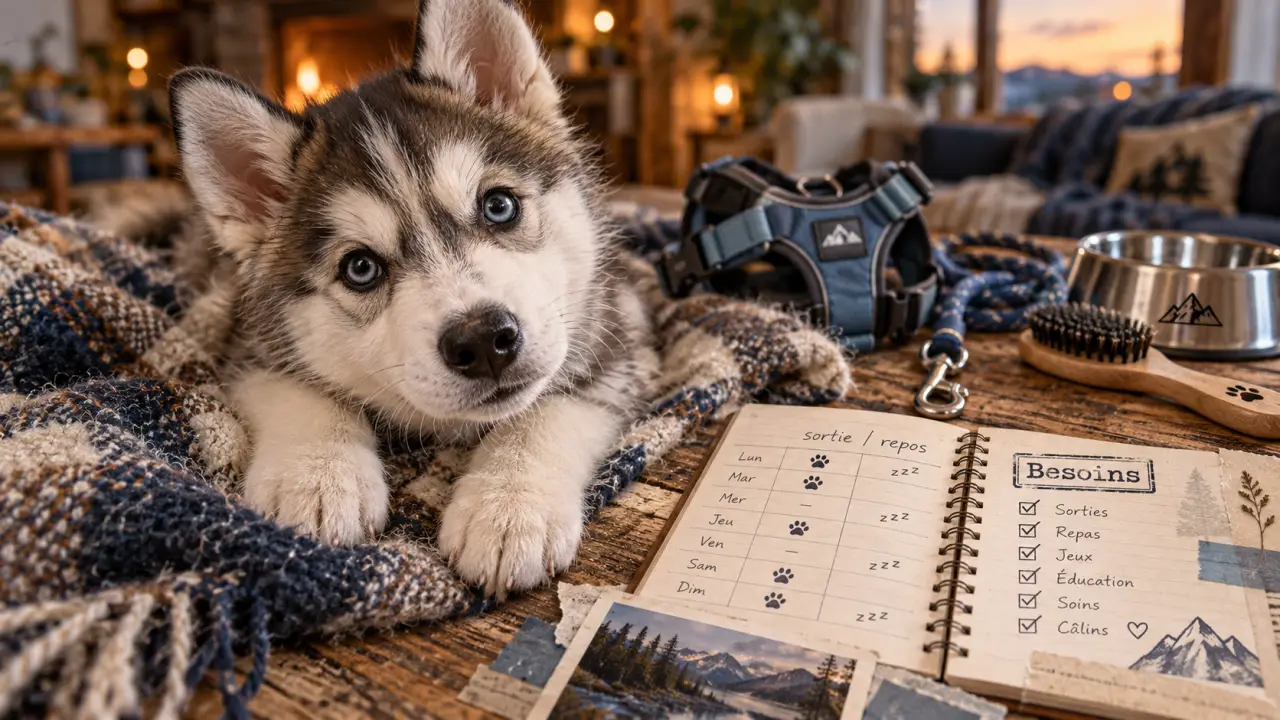 Husky chiot curieux, jeu et activité pour éviter l’ennui