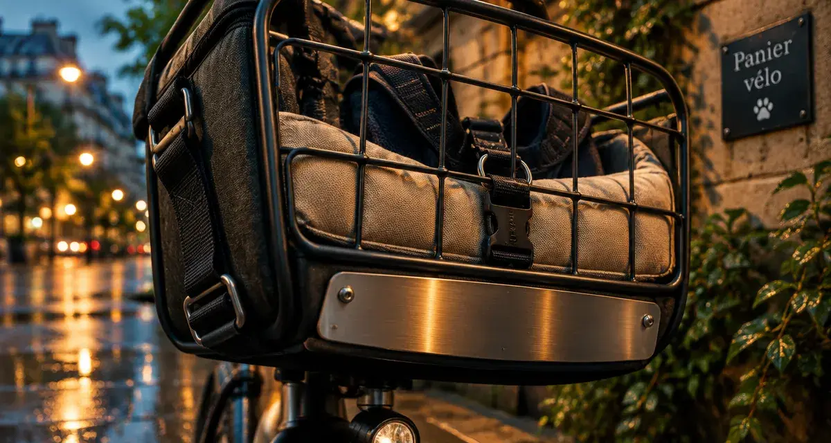 Panier velo chien sur avant de vélo, support stable et grille de protection