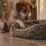 Pourquoi mon chien gratte son panier : chien au nid sur carrelage