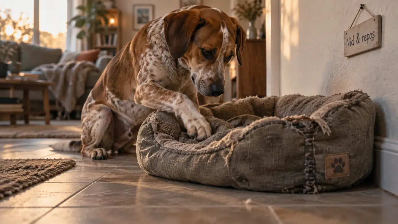 Pourquoi mon chien gratte son panier : chien au nid sur carrelage