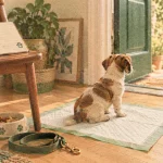 Propreté chiot : chiot sur alèse près d’une porte, apprentissage sans punition