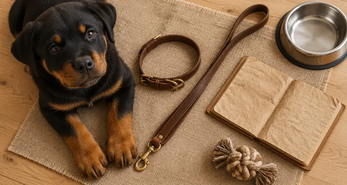 Rottweiler chiot LOF noir et feu, collier et laisse sur tapis beige