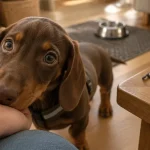 Teckel chiot en salon, harnais et main de l’humain